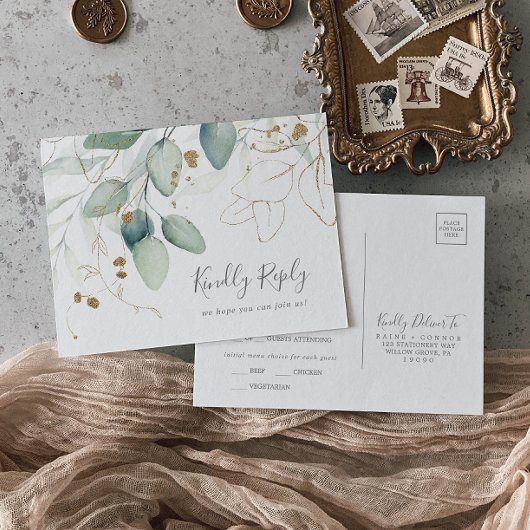 Airy Greenery and Gold Menu Choice RSVP Briefkaart