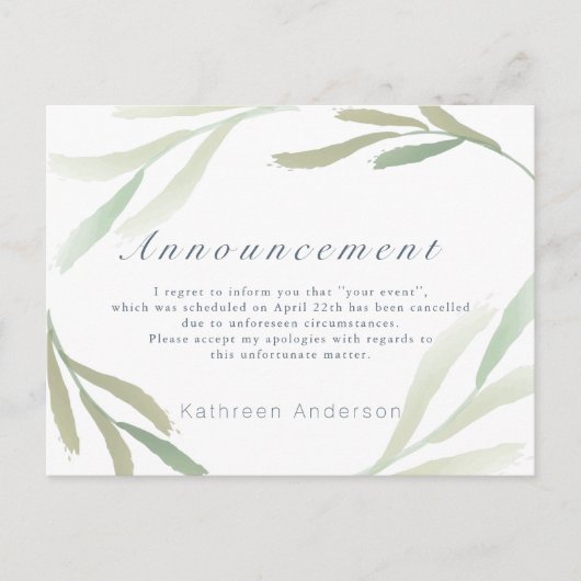 Airy Greenery Annuleringsaankondiging Briefkaart (Voorkant)