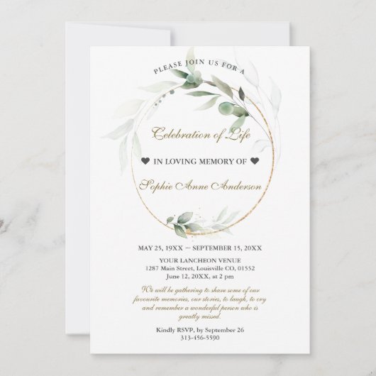 Airy Greenery Celebration of Life Funeral Memorial Kaart (Voorkant)