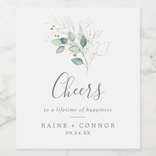 Airy Greenery en Gold Cheers Wedding Wine Labels Wijn Etiket (Enkel label)