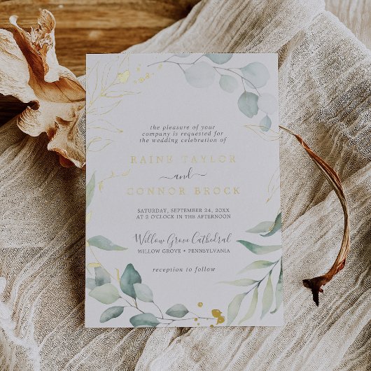 Airy Greenery en Gold Foil Leaf Names Wedding Folie Uitnodiging