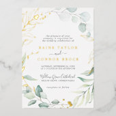 Airy Greenery en Gold Foil Leaf Names Wedding Folie Uitnodiging (Voorkant)
