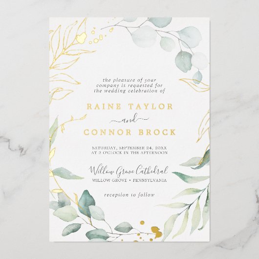 Airy Greenery en Gold Foil Leaf Names Wedding Folie Uitnodiging (Voorkant)