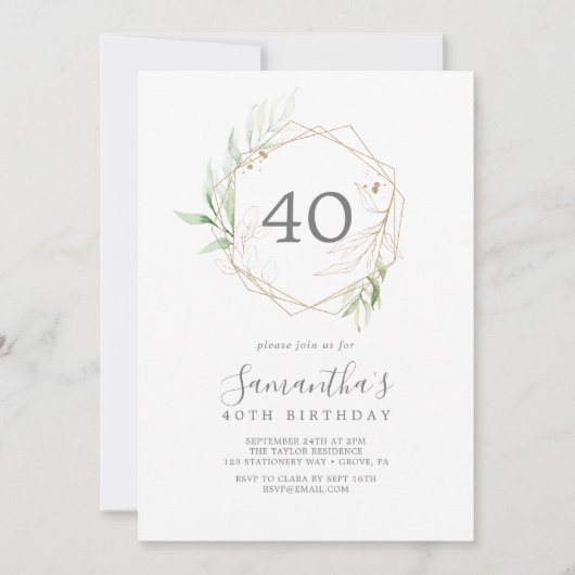 Airy Greenery en Gold Leaf 40th Birthday Kaart (Voorkant)