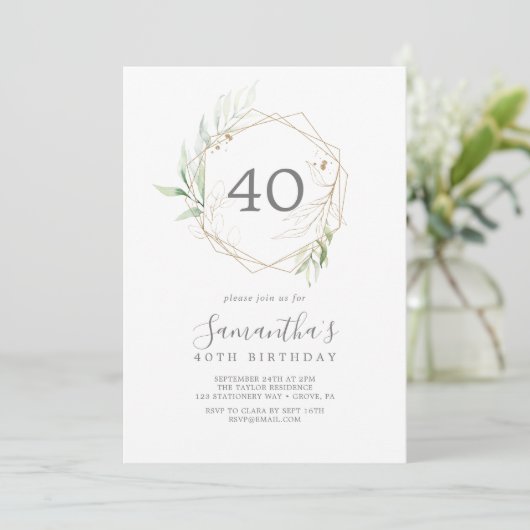 Airy Greenery en Gold Leaf 40th Birthday Kaart (Staand voorkant)