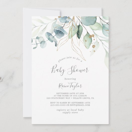 Airy Greenery en Gold Leaf Baby shower Kaart (Voorkant)