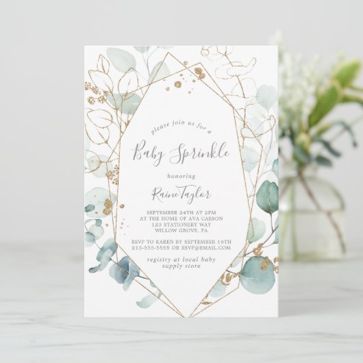 Airy Greenery en Gold Leaf Baby Sprinkle Kaart (Staand voorkant)