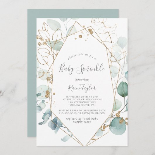 Airy Greenery en Gold Leaf Baby Sprinkle Kaart (Voorkant / Achterkant)