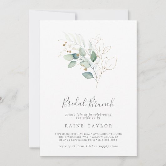 Airy Greenery en Gold Leaf Bridal Brunch Kaart (Voorkant)