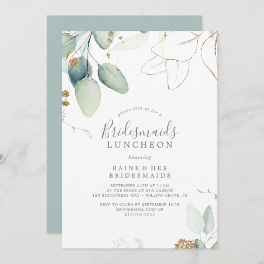 Airy Greenery en Gold Leaf Bridesmaids Luncheon Kaart (Voorkant / Achterkant)
