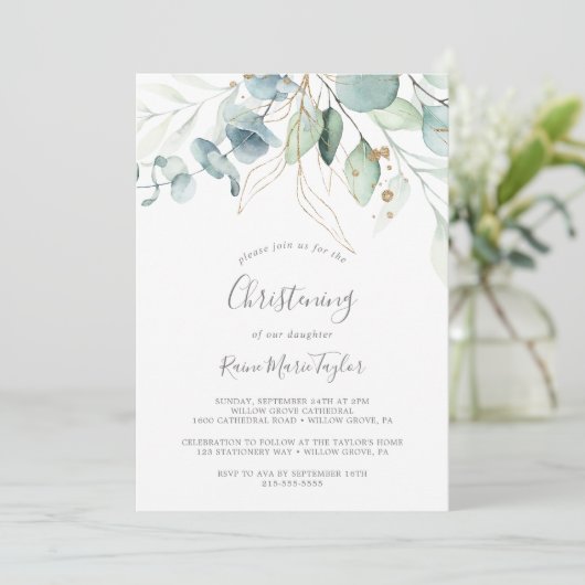 Airy Greenery en Gold Leaf Christening Kaart (Staand voorkant)