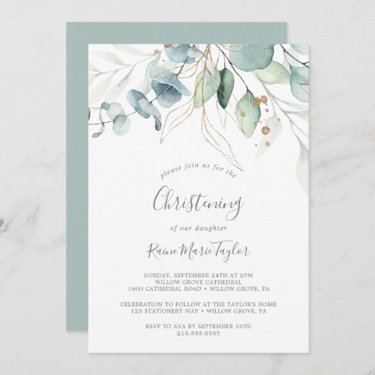 Airy Greenery en Gold Leaf Christening Kaart (Voorkant / Achterkant)