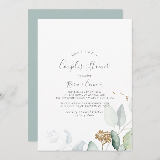Airy Greenery en Gold Leaf Couples Shower Kaart (Voorkant / Achterkant)