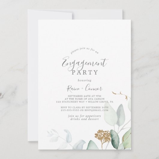 Airy Greenery en Gold Leaf Engagement Party Kaart (Voorkant)