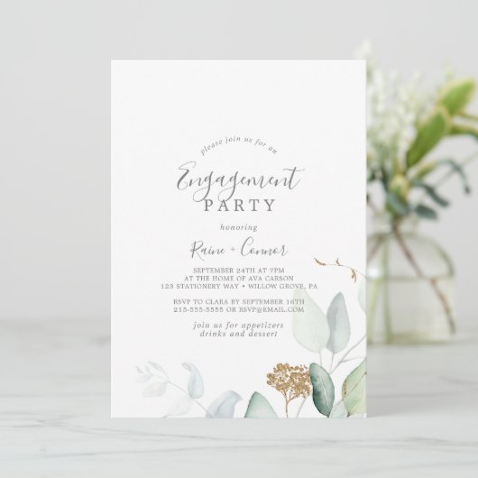 Airy Greenery en Gold Leaf Engagement Party Kaart (Staand voorkant)