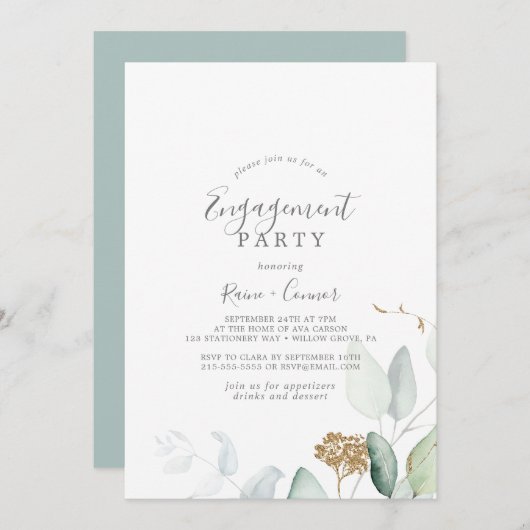 Airy Greenery en Gold Leaf Engagement Party Kaart (Voorkant / Achterkant)