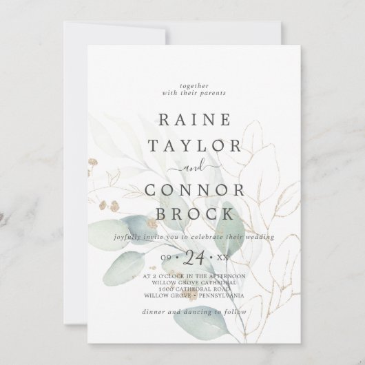 Airy Greenery en Gold Leaf Faded Wedding Kaart (Voorkant)