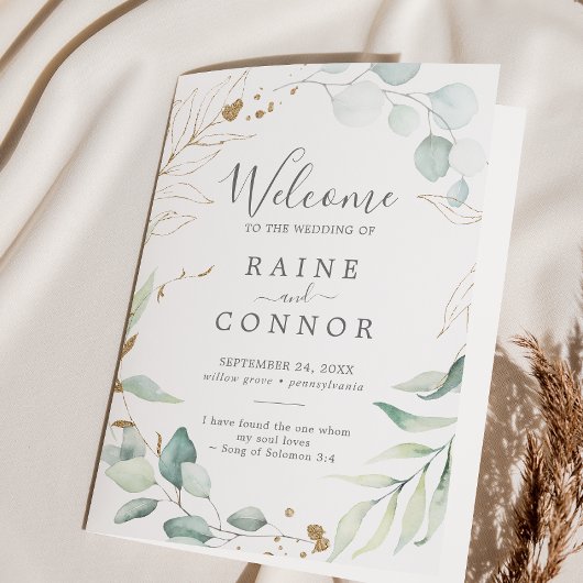 Airy Greenery en Gold Leaf Folded Wedding Programma