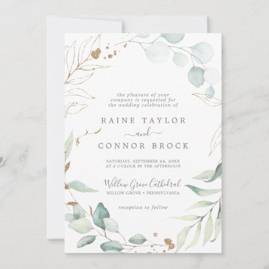 Airy Greenery en Gold Leaf Formal Wedding Kaart (Voorkant)