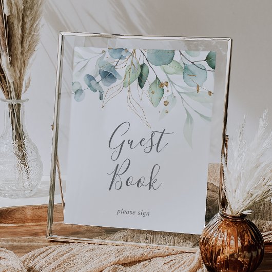 Airy Greenery en Gold Leaf Guest Book Sign Poster