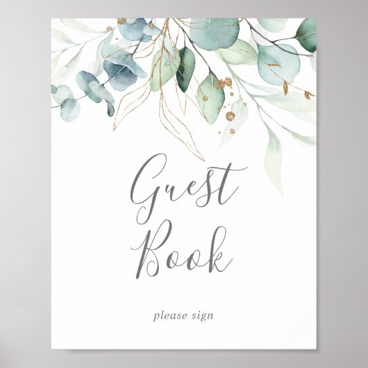 Airy Greenery en Gold Leaf Guest Book Sign Poster (Voorkant)