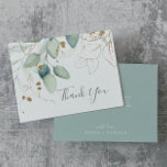Airy Greenery en Gold Leaf Hartelijk dank Bedankkaart<br><div class="desc">Deze luchtledige groenery en goudblad dank je je kaart is perfect voor een moderne bruiloft. Het elegante botanische ontwerp is voorzien van licht en luchtachtig waterverf eucalyptus, geaccentueerd met witte glitterbladeren. Pas de achterzijde van de kaart aan met uw namen en een dankjewel bericht. Alternatief, verlaat de de sectiesblanco van...</div>