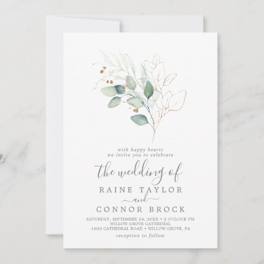 Airy Greenery en Gold Leaf het huwelijk van Kaart (Voorkant)