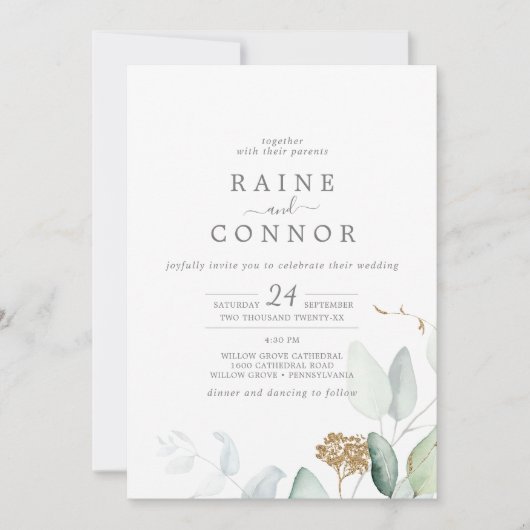 Airy Greenery en Gold Leaf in één bruiloft Kaart (Voorkant)