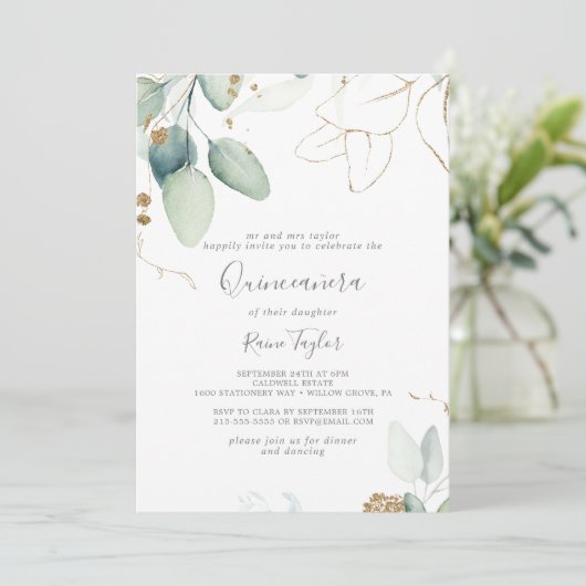 Airy Greenery en Gold Leaf Quinceañera Kaart (Staand voorkant)