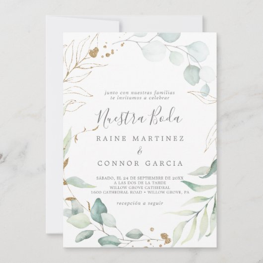 Airy Greenery en Gold Leaf Spain Nuestra Boda Kaart (Voorkant)