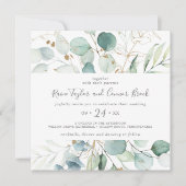 Airy Greenery en Gold Leaf Square Wedding Kaart (Voorkant)