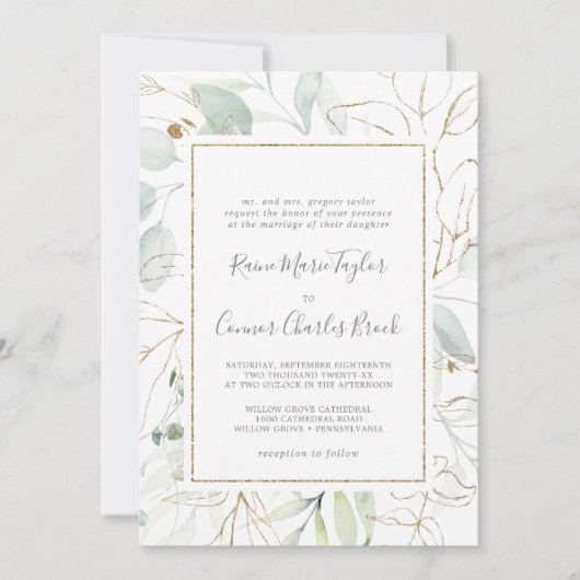 Airy Greenery en Gold Leaf Traditional Wedding Kaart (Voorkant)