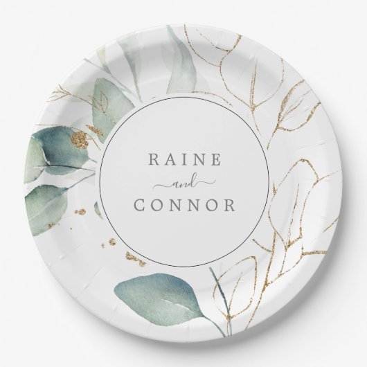 Airy Greenery en Gold Leaf Wedding Cake Papieren Bordje (Voorkant)