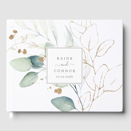 Airy Greenery en Gold Leaf Wedding Gastenboek (Voorkant)