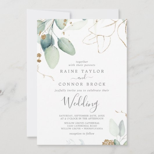 Airy Greenery en Gold Leaf Wedding Kaart (Voorkant)