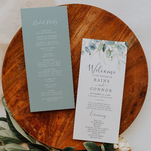 Airy Greenery en Gold Leaf Wedding Programme Programmakaart