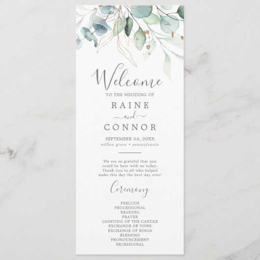 Airy Greenery en Gold Leaf Wedding Programme Programmakaart (Voorkant)