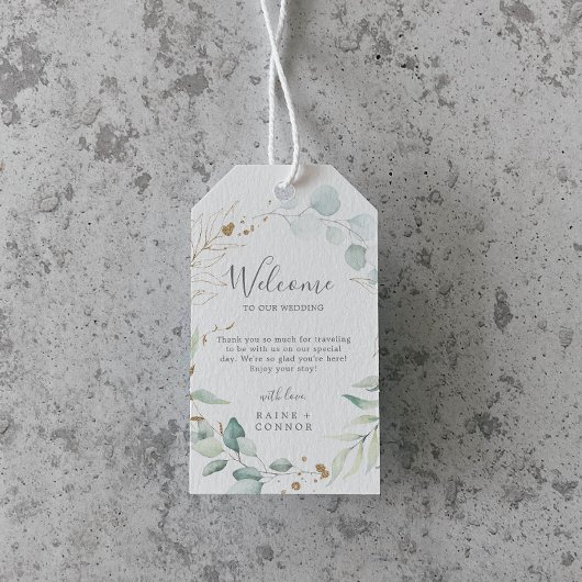 Airy Greenery en Gold Leaf Wedding Welcome Cadeaulabel