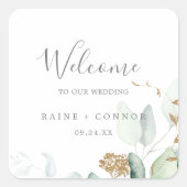 Airy Greenery en Gold Leaf Wedding Welcome Vierkante Sticker (Voorkant)