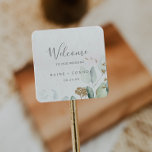 Airy Greenery en Gold Leaf Wedding Welcome Vierkante Sticker<br><div class="desc">Deze airy greenery en gouden bladbruiloft welkome stickers zijn perfect voor een moderne bruiloft. Het elegante botanische ontwerp is voorzien van licht en luchtachtig waterverf eucalyptus, geaccentueerd met witte glitterbladeren. Pas deze stickers aan met de locatie van je bruiloft, namen en trouwdatum. Deze etiketten zijn perfect voor bestemmingsbruiloften en hotelgastwelkomstzakken....</div>