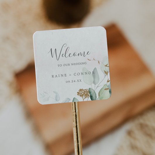 Airy Greenery en Gold Leaf Wedding Welcome Vierkante Sticker