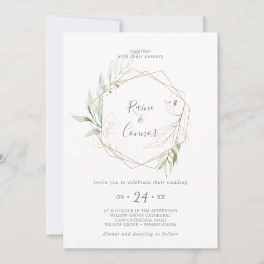 Airy Greenery en Gold Leaf Wreath Wedding Kaart (Voorkant)