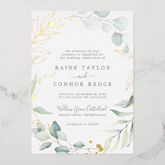 Airy Greenery en Ppress Gold Foil Leaf Wedding Folie Uitnodiging (Voorkant)