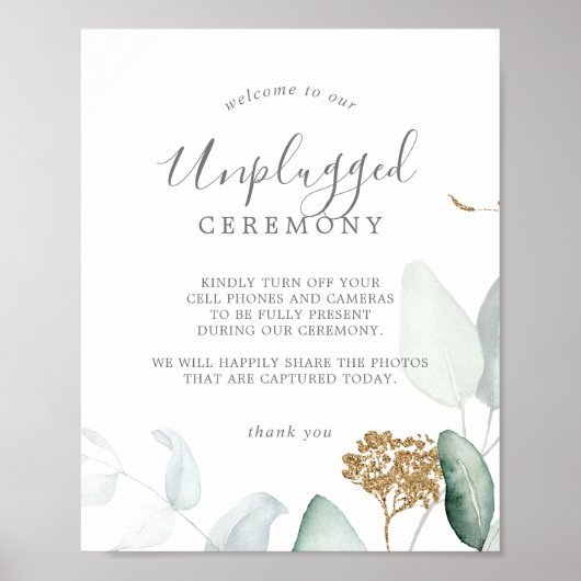 Airy Greenery & Gold Leaf Unplugged Ceremony Sign Poster (Voorkant)