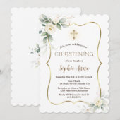 Airy Greenery Gold Lijst White Floral Christening Kaart (Voorkant / Achterkant)