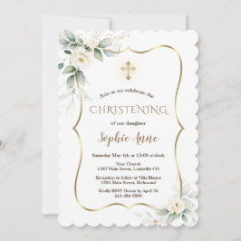 Airy Greenery Gold Lijst White Floral Christening Kaart