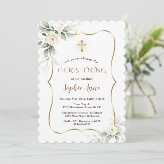Airy Greenery Gold Lijst White Floral Christening Kaart (Staand voorkant)