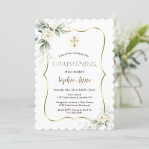 Airy Greenery Gold Lijst White Floral Christening Kaart