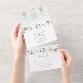 Airy Greenery Gold White Floral Wedding All In One Uitnodiging