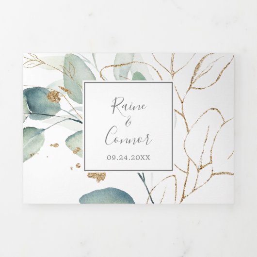 Airy Greenery | Leaf Back Wedding All in One Drieluik Uitnodiging (Cover)